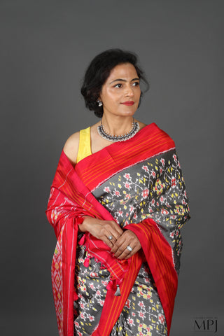 Grey Red Handloom Silk Single Ikkat Pochampally Saree with Stitched Blouse