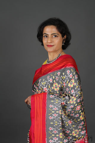 Grey Red Handloom Silk Single Ikkat Pochampally Saree with Stitched Blouse