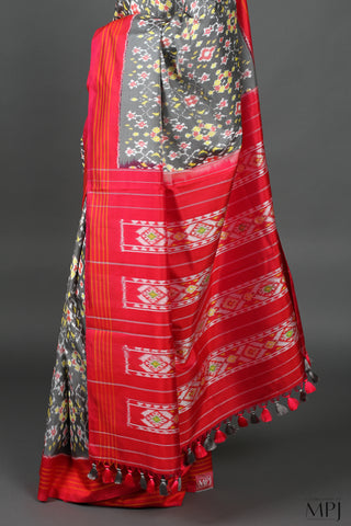 Grey Red Handloom Silk Single Ikkat Pochampally Saree with Stitched Blouse