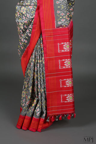 Grey Red Handloom Silk Single Ikkat Pochampally Saree with Stitched Blouse