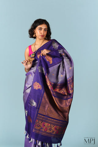 Lavender Purple Handloom Silk Designer Gadwal Saree