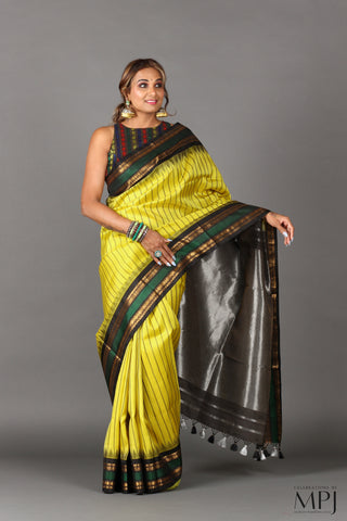 Lemon Yellow Striped Handloom Silk Designer Gadwal Saree