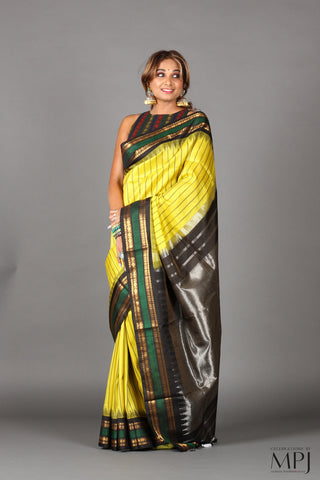 Lemon Yellow Striped Handloom Silk Designer Gadwal Saree