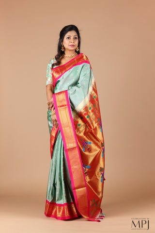 Mint Green  Pure Silk Kadiyal Paithani Saree