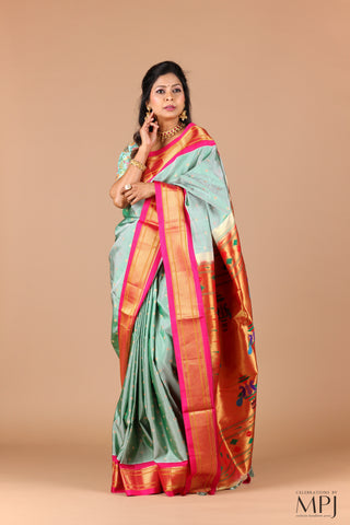 Mint Green  Pure Silk Kadiyal Paithani Saree