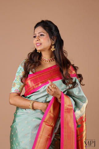 Mint Green  Pure Silk Kadiyal Paithani Saree