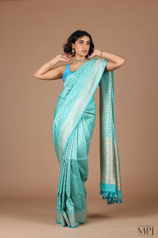 Light Turquoise Handloom Crepe Silk Brocade Banarasi