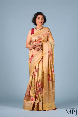 Mellow Yellow Printed Chiniya Silk Banarasi