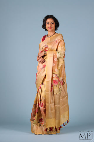 Mellow Yellow Printed Chiniya Silk Banarasi