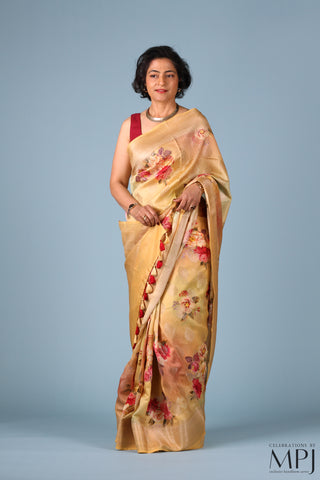 Mellow Yellow Printed Chiniya Silk Banarasi