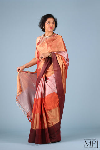 Orange Color Block Tissue Silk Chanderi