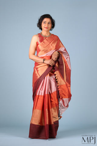 Orange Color Block Tissue Silk Chanderi