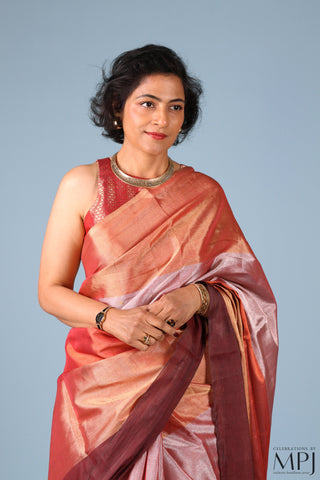 Orange Color Block Tissue Silk Chanderi