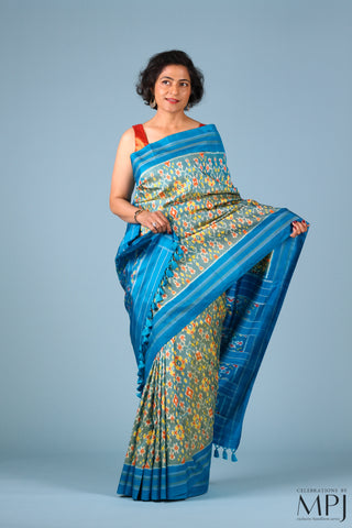 Green Yellow Blue Handloom Silk Single Ikkat Pochampally Saree with Stitched Blouse