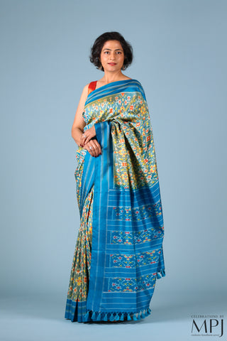 Green Yellow Blue Handloom Silk Single Ikkat Pochampally Saree with Stitched Blouse