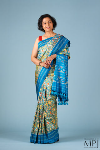 Green Yellow Blue Handloom Silk Single Ikkat Pochampally Saree with Stitched Blouse