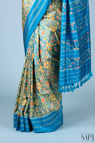 Green Yellow Blue Handloom Silk Single Ikkat Pochampally Saree with Stitched Blouse