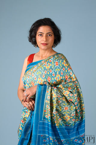 Green Yellow Blue Handloom Silk Single Ikkat Pochampally Saree with Stitched Blouse