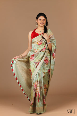 Mint Green Printed Chiniya Silk Banarasi