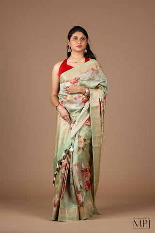 Mint Green Printed Chiniya Silk Banarasi