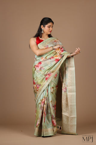 Mint Green Printed Chiniya Silk Banarasi