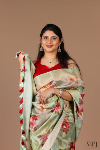 Mint Green Printed Chiniya Silk Banarasi