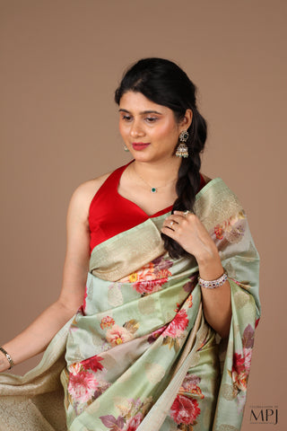 Mint Green Printed Chiniya Silk Banarasi