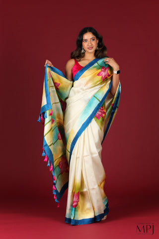 Off-White Hand Painted Handloom Pure Silk Saree