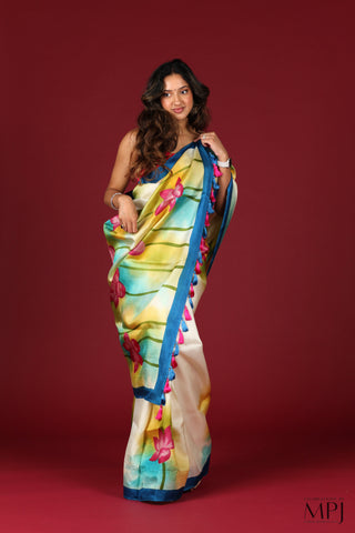 Off-White Hand Painted Handloom Pure Silk Saree