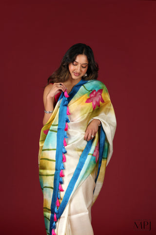 Off-White Hand Painted Handloom Pure Silk Saree