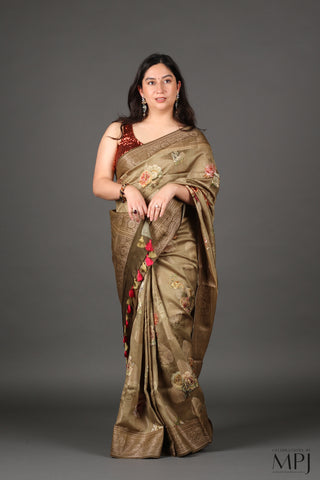 Olive Green Printed Chiniya Silk Banarasi