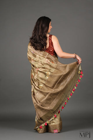 Olive Green Printed Chiniya Silk Banarasi