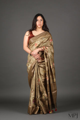 Olive Green Printed Chiniya Silk Banarasi