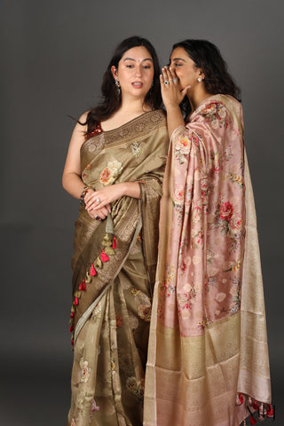 Olive Green Printed Chiniya Silk Banarasi