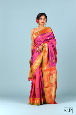 Fuchsia Pink Handloom Pure Silk Yeola Paithani Saree with Banarasi-Inspired Pallu