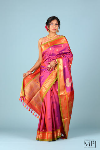 Fuchsia Pink Handloom Pure Silk Yeola Paithani Saree with Banarasi-Inspired Pallu