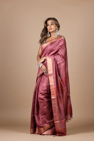 Mauve Handloom Jamdhani Weaving Tussar Silk Saree