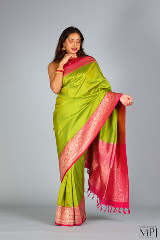 Parrot Green Pure Katan Silk Banarasi Saree with Stitched Blouse