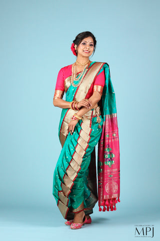 Turquoise Green Pre-Stiched Nauwari Paithani Saree and Blouse