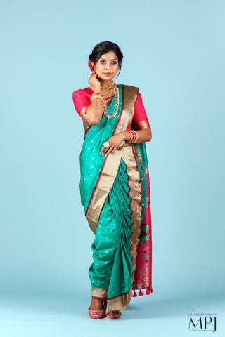 Turquoise Green Pre-Stiched Nauwari Paithani Saree and Blouse