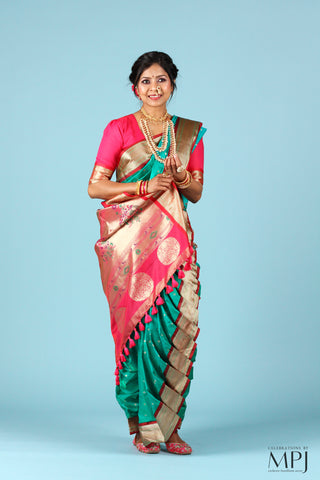 Turquoise Green Pre-Stiched Nauwari Paithani Saree and Blouse