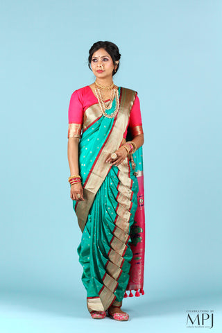 Turquoise Green Pre-Stiched Nauwari Paithani Saree and Blouse