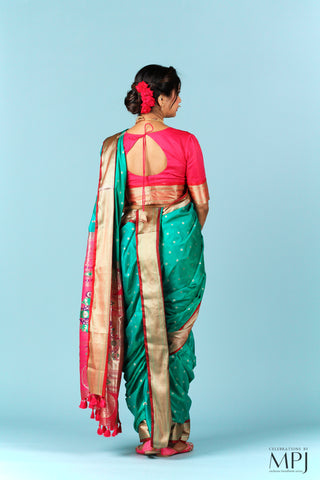 Turquoise Green Pre-Stiched Nauwari Paithani Saree and Blouse