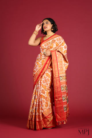 Pearl Scarlet Handloom Silk Single Ikkat Pochampally Saree