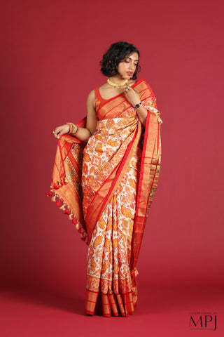 Pearl Scarlet Handloom Silk Single Ikkat Pochampally Saree