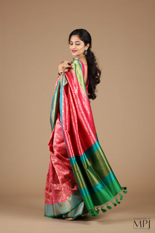 Pink Blue Green Jaal Pure Katan Silk Banarasi Saree with Stitched Blouse