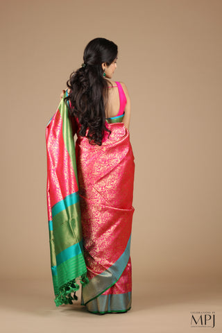 Pink Blue Green Jaal Pure Katan Silk Banarasi Saree with Stitched Blouse