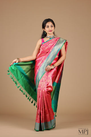 Pink Blue Green Jaal Pure Katan Silk Banarasi Saree with Stitched Blouse