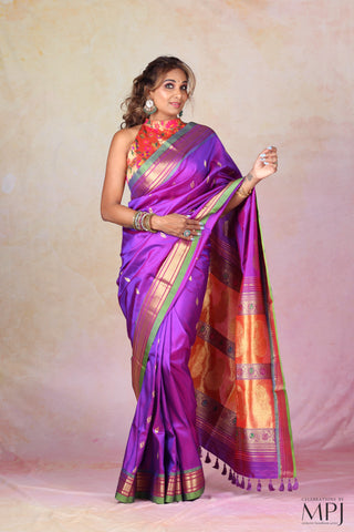 Purple Handloom Pure Silk Yeola Paithani Saree with Banarasi-Inspired Pallu