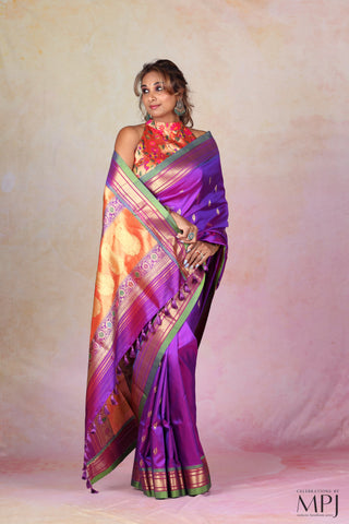 Purple Handloom Pure Silk Yeola Paithani Saree with Banarasi-Inspired Pallu